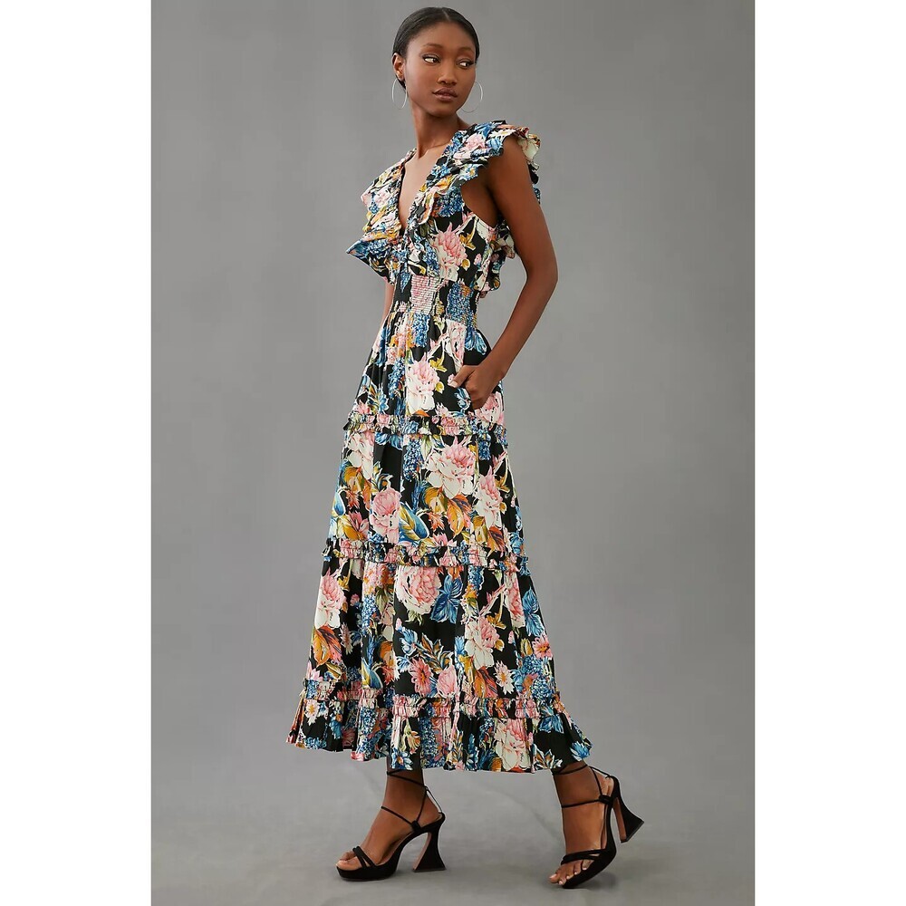 LOVE THE LABEL Azalea Maxi Dress Size XS Black Floral Coquette Wedding Guest